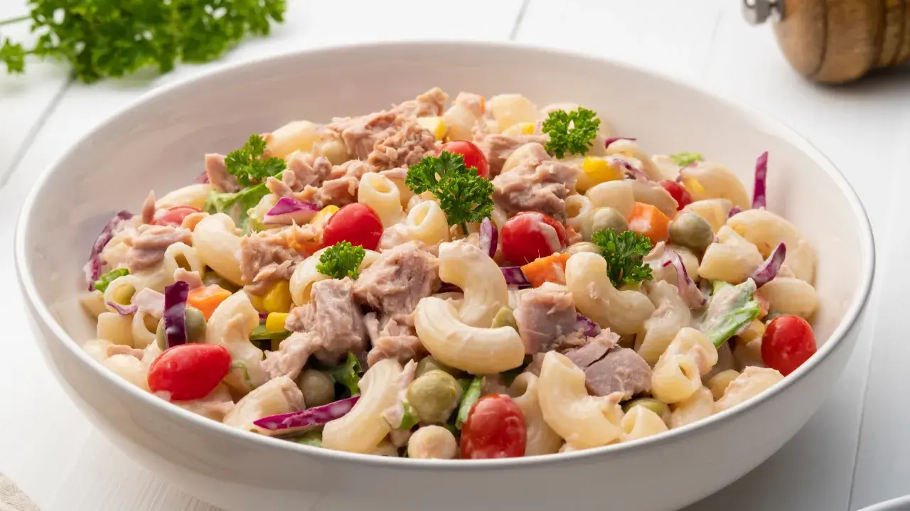 Pyszna sałatka z tuńczykiem, makaronem, pomidorkami, groszkiem i czerwoną cebulą, udekorowana natką pietruszki.