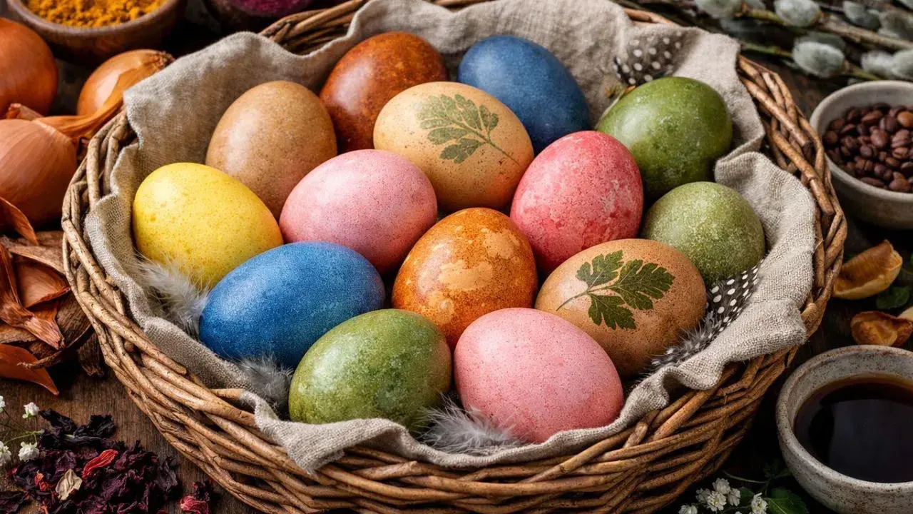 Koszyk z pisankami, ozdobionymi wzorami z liści, wykonanymi metodą naturalne farbowanie jajek. Kolory: żółty, różowy, niebieski, zielony, brązowy.