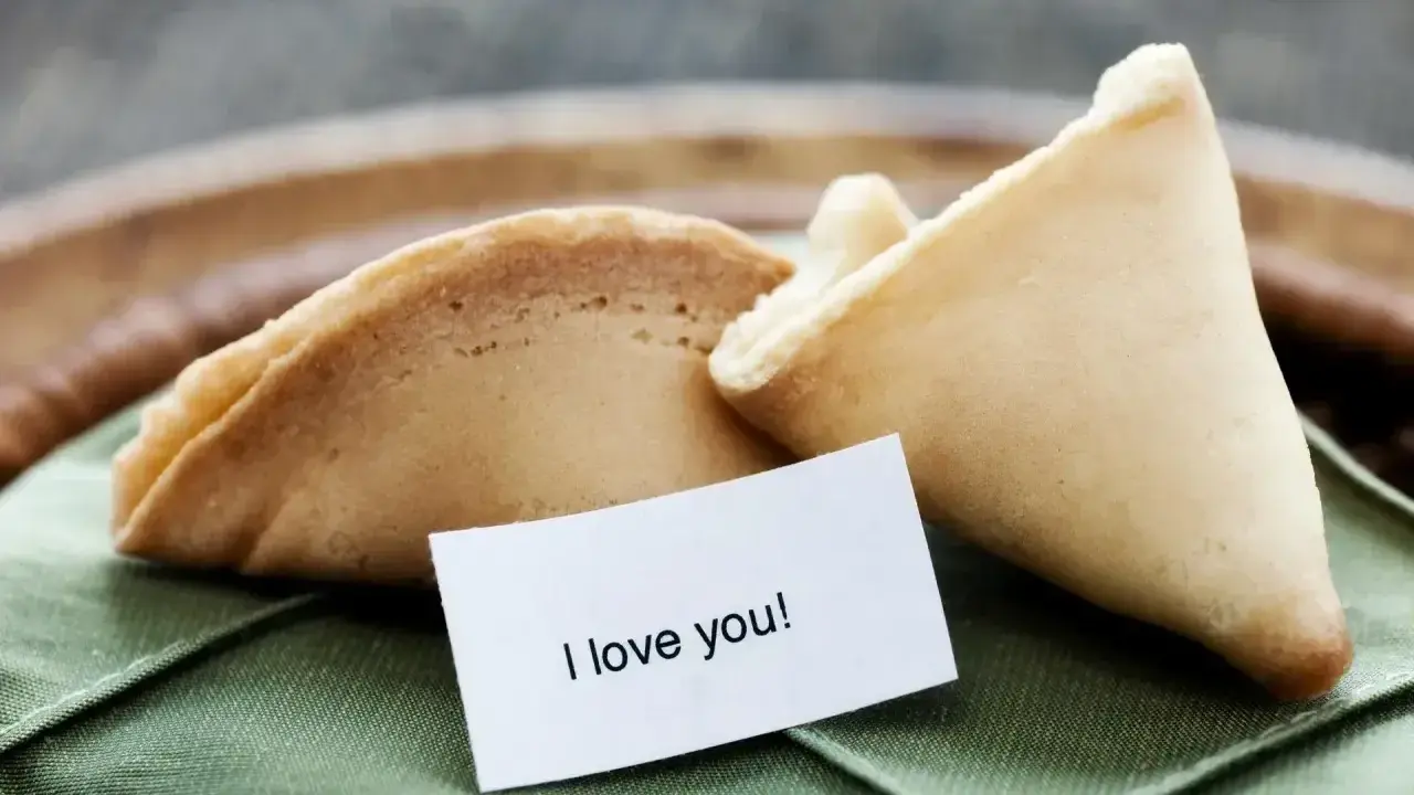 Dwa ciastka z wróżbą na zielonej serwetce. Jedno z nich ma w środku karteczkę z napisem "I love you!".