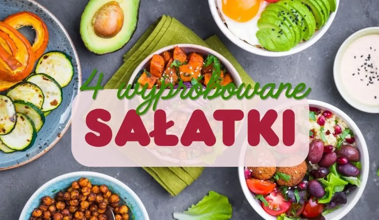 Cztery miski z kolorowymi sałatkami: z awokado, jajkiem sadzonym, dynią, ciecierzycą i warzywami.