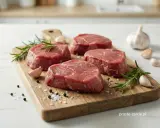 Cztery soczyste steki wołowe, idealne na grilla, z gałązkami rozmarynu, czosnkiem i pieprzem. To doskonałe mięso na steka!