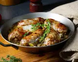 Pieczona biała kiełbasa surowa z cebulą i tymiankiem w metalowej patelni.