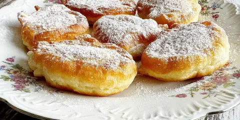 Puszyste racuchy na jogurcie, posypane cukrem pudrem, kuszą swoim złotym kolorem i delikatnością.