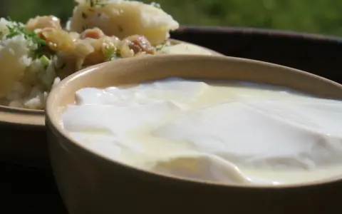 Gęste, domowe zsiadłe mleko w glinianej miseczce, obok ziemniaków z koperkiem. Prosty sposób, jak zrobić zsiadłe mleko.