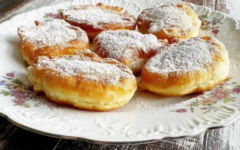 Puszyste racuchy na jogurcie, posypane cukrem pudrem, kuszą swoim złotym kolorem i delikatnością.