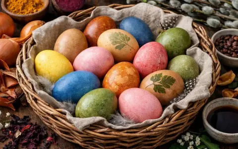 Koszyk z pisankami, ozdobionymi wzorami z liści, wykonanymi metodą naturalne farbowanie jajek. Kolory: żółty, różowy, niebieski, zielony, brązowy.