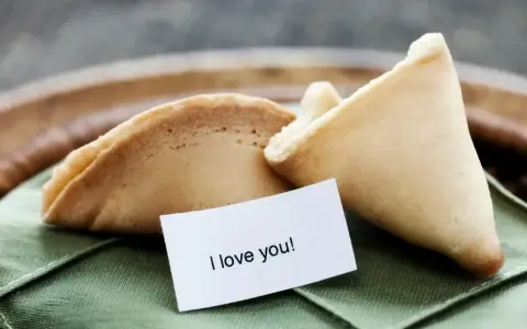 Dwa ciastka z wróżbą na zielonej serwetce. Jedno z nich ma w środku karteczkę z napisem "I love you!".