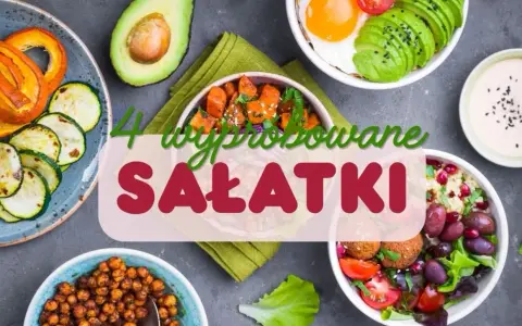 Cztery miski z kolorowymi sałatkami: z awokado, jajkiem sadzonym, dynią, ciecierzycą i warzywami.