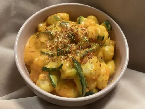 Pyszne gnocchi z kremowym, pomarańczowym sosem i kawałkami cukinii, posypane ziołami. Idealne danie na szybki obiad.