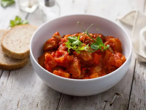 Aromaticzny indyk w sosie curry, podany w białej misce, z dodatkiem świeżych ziół i kromek chleba.