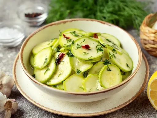 Pyszna surówka z cukinii z koperkiem i chili, podana w misce. Obok czosnek i cytryna.