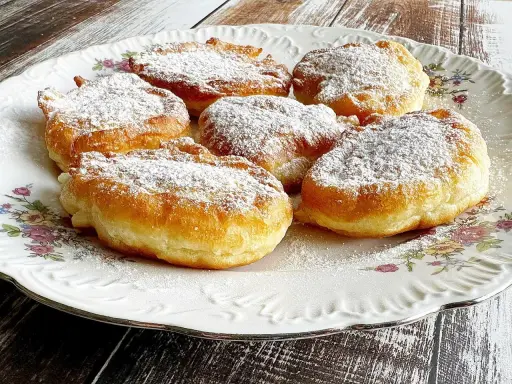 Puszyste racuchy na jogurcie, posypane cukrem pudrem, kuszą swoim złotym kolorem i delikatnością.