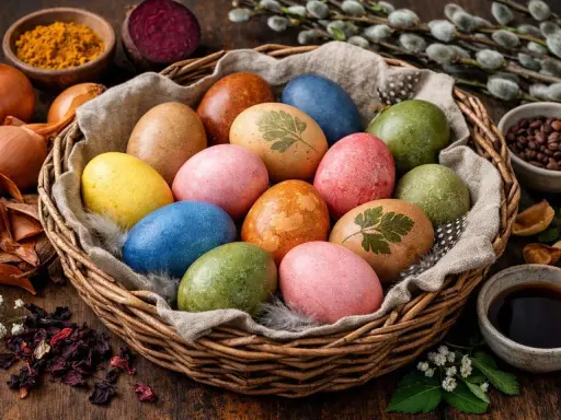 Koszyk z pisankami, ozdobionymi wzorami z liści, wykonanymi metodą naturalne farbowanie jajek. Kolory: żółty, różowy, niebieski, zielony, brązowy.