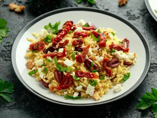Pyszna sałatka z makaronem orzo, z suszonymi pomidorami, fetą, oliwkami i natką pietruszki.
