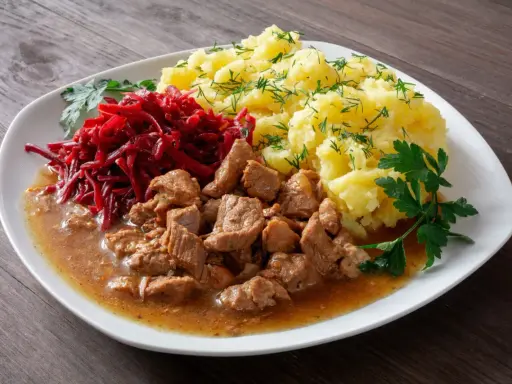 Gulasz z łopatki, ziemniaki z koperkiem i surówka z buraczków na białym talerzu.