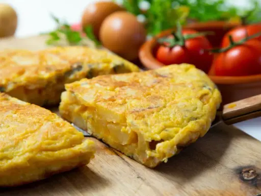 Pyszna tortilla de patatas, pokrojona na kawałki, leży na desce. W tle jajka, pomidory i natka pietruszki.