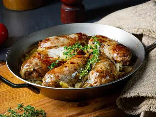 Pieczona biała kiełbasa surowa z cebulą i tymiankiem w metalowej patelni.