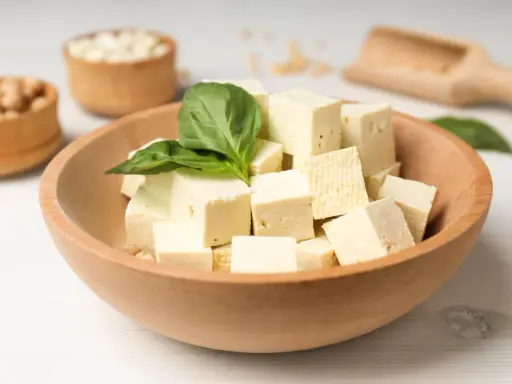 Kostki tofu w drewnianej misce z bazylią. Czy tofu można jeść na surowo? Tak, to świetna baza do sałatek i przekąsek.
