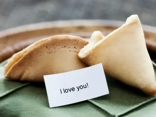 Dwa ciastka z wróżbą na zielonej serwetce. Jedno z nich ma w środku karteczkę z napisem "I love you!".