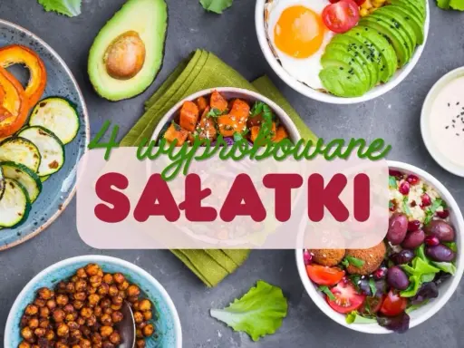 Cztery miski z kolorowymi sałatkami: z awokado, jajkiem sadzonym, dynią, ciecierzycą i warzywami.