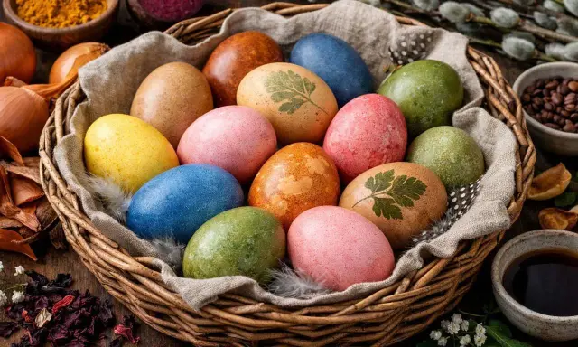 Koszyk z pisankami, ozdobionymi wzorami z liści, wykonanymi metodą naturalne farbowanie jajek. Kolory: żółty, różowy, niebieski, zielony, brązowy.