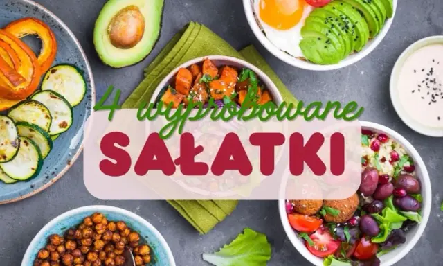 Cztery miski z kolorowymi sałatkami: z awokado, jajkiem sadzonym, dynią, ciecierzycą i warzywami.