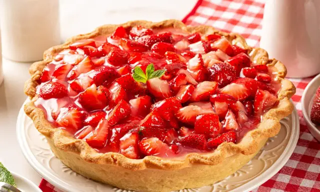 Pyszna tarta z truskawkami, ozdobiona listkiem mięty, kusi soczystymi owocami i chrupiącym ciastem. Idealna na letnie popołudnie.