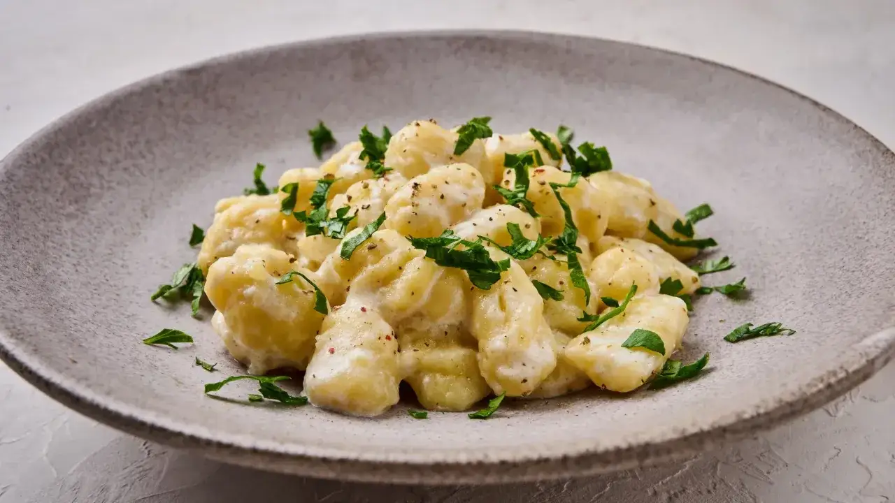 Pyszne, kremowe gnocchi z sosem, posypane świeżą natką pietruszki. Idealne danie na szybki obiad.
